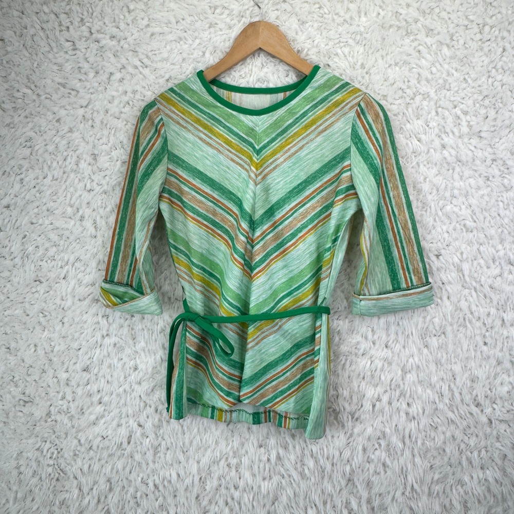 Unbranded Vintage Striped Belted Tunic Top Green Chevron Retro 70s Aesthetic